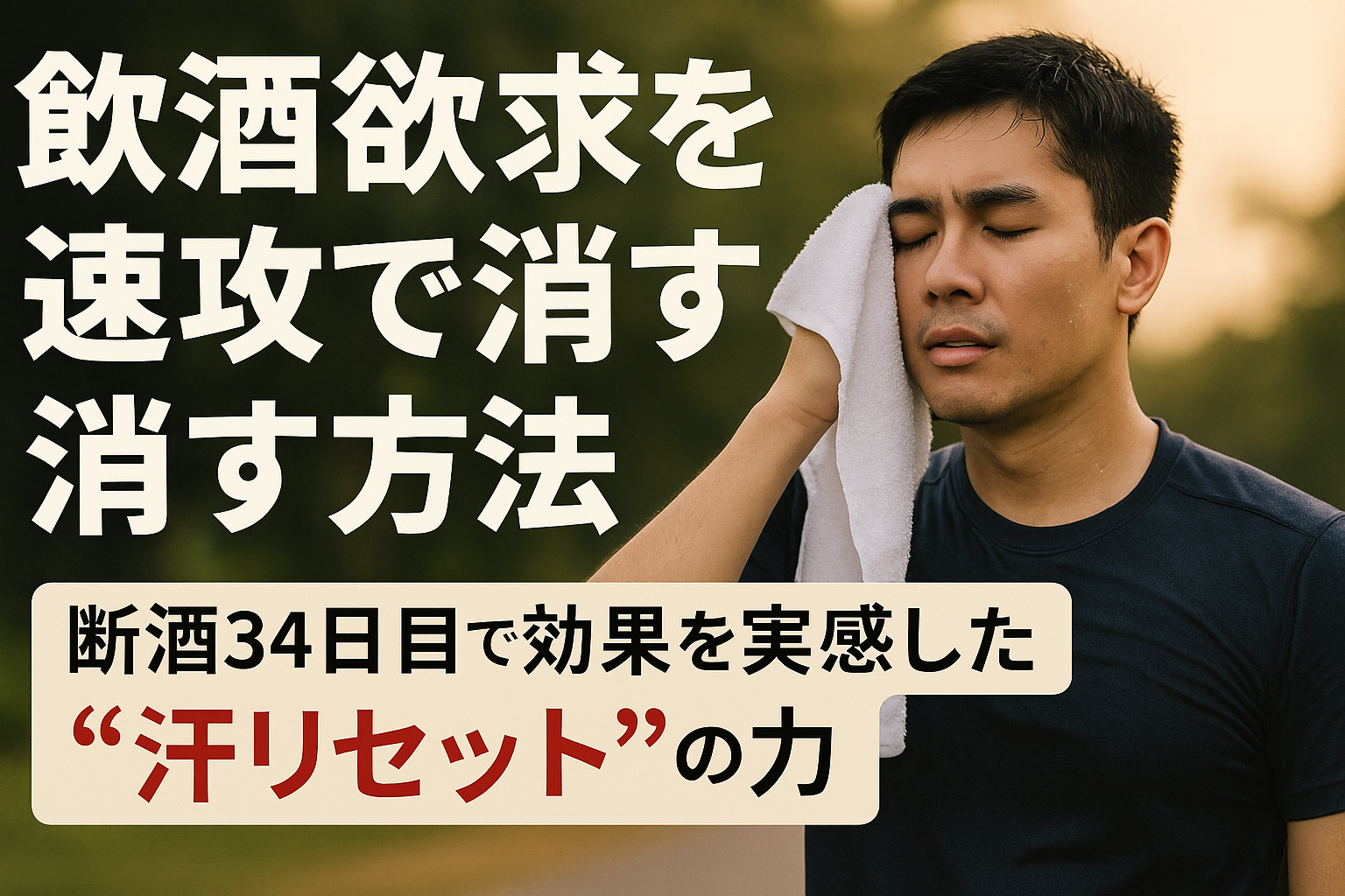 「汗を拭う男性の横に『飲酒欲求を速攻で消す方法|断酒34日目で効果を実感した“汗リセット”の力』というタイトル文字が配置されたアイキャッチ画像」