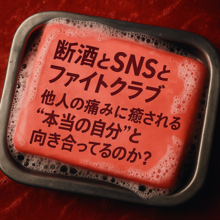 赤い石鹸に「断酒とSNSとファイトクラブ|他人の痛みに癒される僕は、“本当の自分”と向き合ってるのか?」というタイトルが描かれた画像