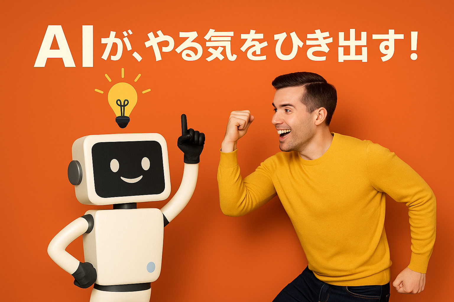 ロボットが指を立ててアイデアを示し、やる気に満ちた男性が走り出す構図。背景には「やる気が出ないときに効いた、ChatGPT×脱フュージョンの問いかけ」という文字。