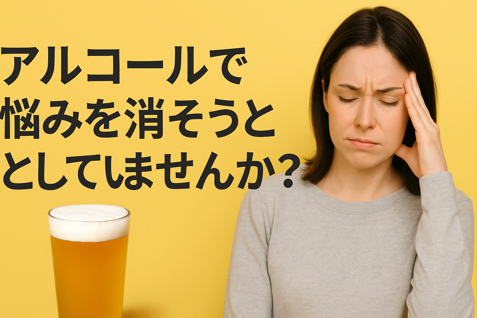 ビールを前に頭を抱える女性と「アルコールで悩みを消そうとしていませんか？」の文字