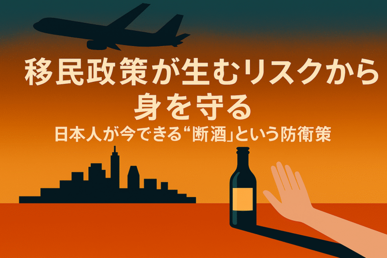 移民政策と断酒のテーマを伝える夕焼け背景のアイキャッチ。飛行機と酒瓶を拒否する手のイラスト、中央にタイトルを完全表示