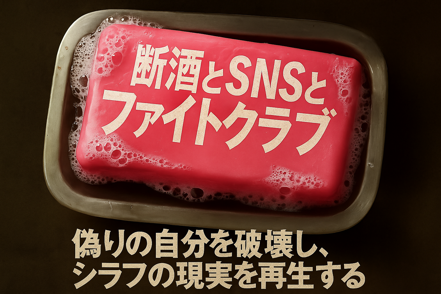 ピンクの石けんに「断酒とSNSとファイトクラブ」と書かれた画像。下部に「偽りの自分を破壊し、シラフの現実を再生する」とのキャッチコピー