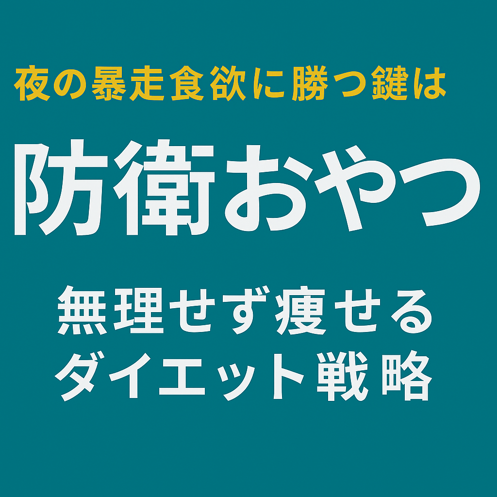 「夜の暴走食欲に勝つ鍵は 防衛おやつ 無理せず痩せるダイエット戦略」という日本語テキストが、青緑色の横長画像の中央にバランスよく配置されている。