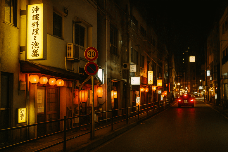 夜の沖縄の飲み屋街、赤ちょうちんとネオンに照らされた通りを車が走る実写風画像