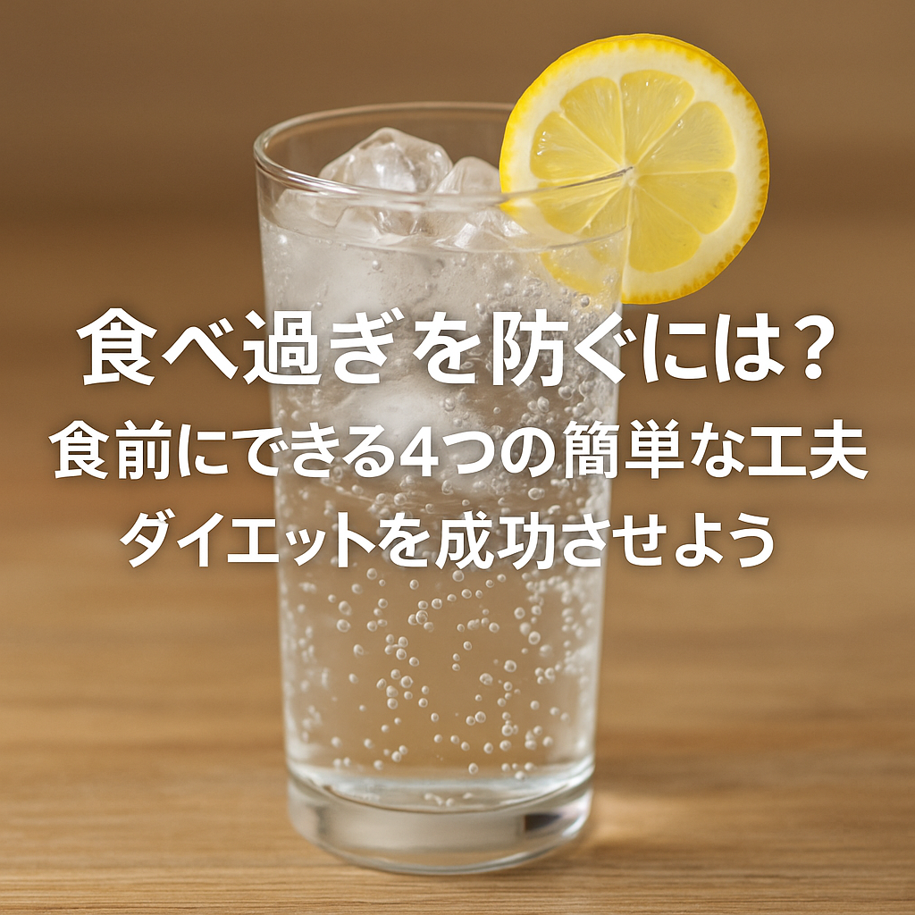 透明なグラスに注がれたレモン入り炭酸水と白文字で書かれた「食べ過ぎを防ぐには？食前にできる4つの簡単な工夫 ダイエットを成功させよう」のタイトル入りアイキャッチ画像