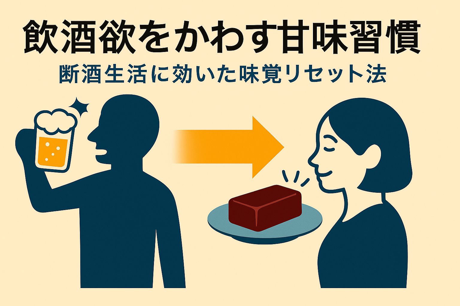 ビールを避け、ようかんを楽しむ男女のシルエットと「甘味習慣」による断酒のイメージ