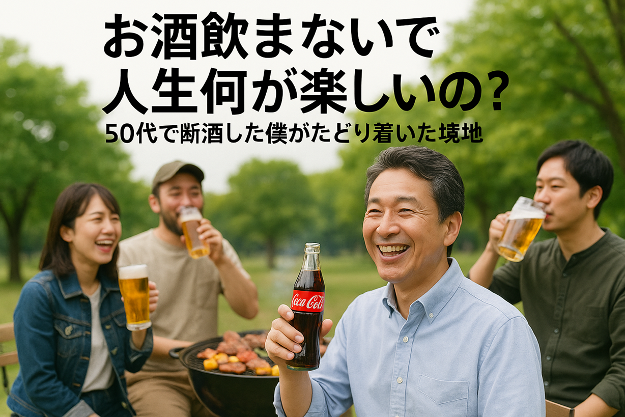 断酒した中年男性がバーベキューの場でコーラを手に笑顔を見せている。周囲の友人たちはビールを飲んでいる。