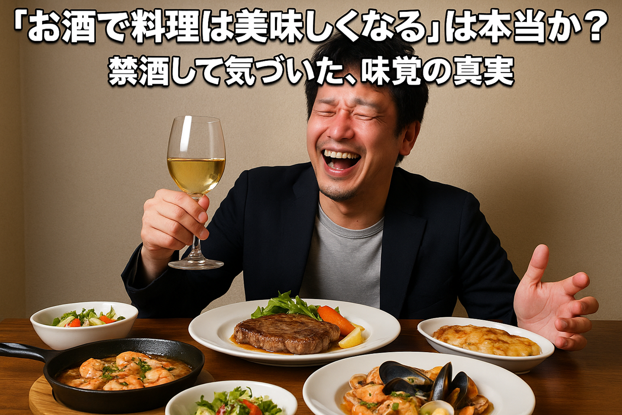 酔った男性が豪華な料理を前に笑顔でワイングラスを掲げている様子。テーブルにはステーキや海鮮料理が並び、「お酒で料理は美味しくなる」は本当か?という見出しが表示されている。