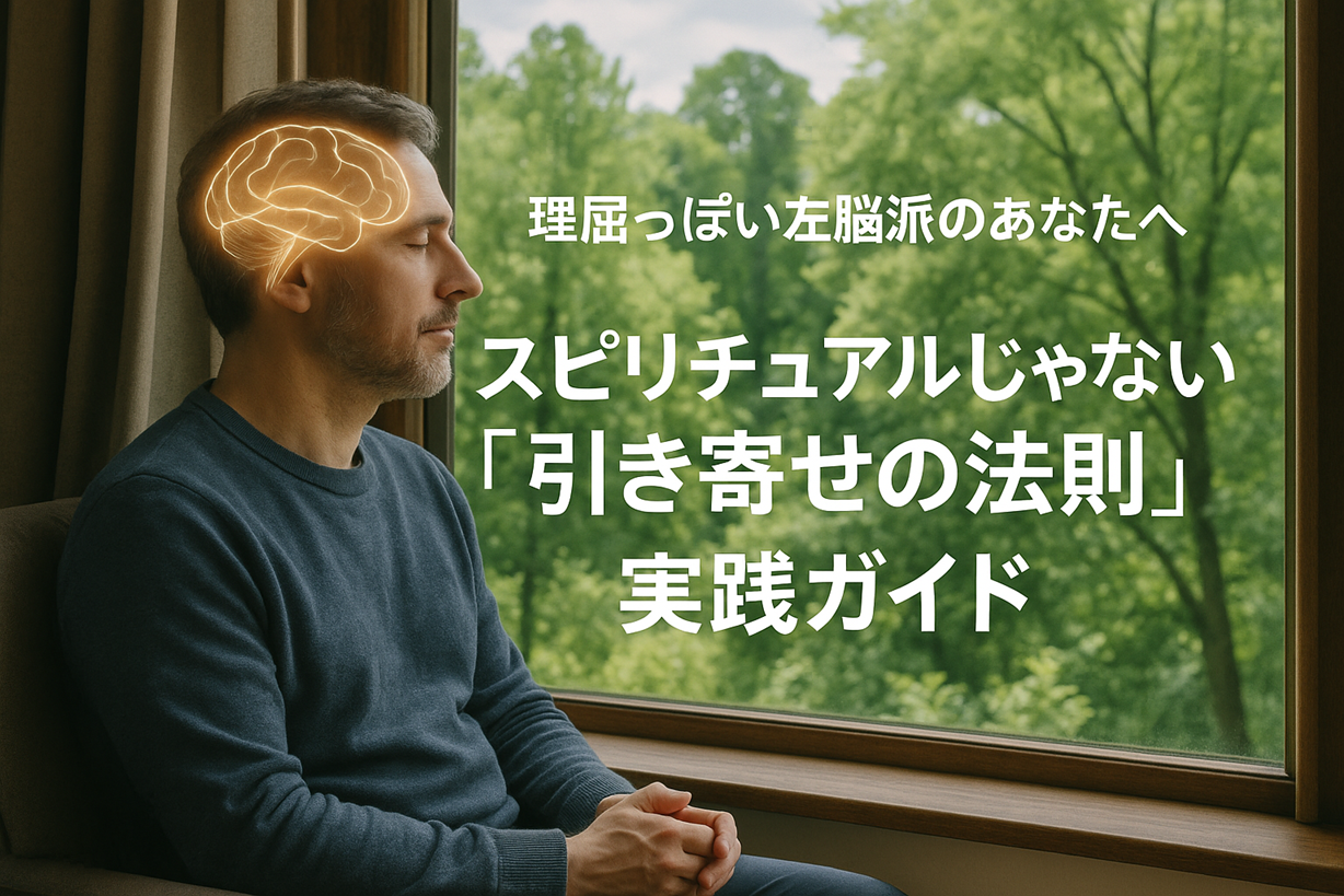 瞑想する男性と脳のイラスト、「スピリチュアルじゃない引き寄せの法則 実践ガイド」というテキスト入りの画像。