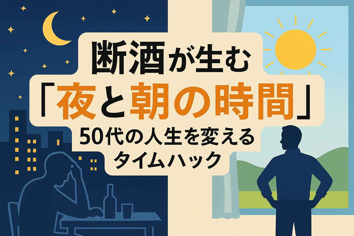 「断酒が生む夜と朝の時間」──50代の人生を変えるタイムハックを示すイラスト。左に夜の飲酒シーン、右に朝日と健康的な男性の姿。