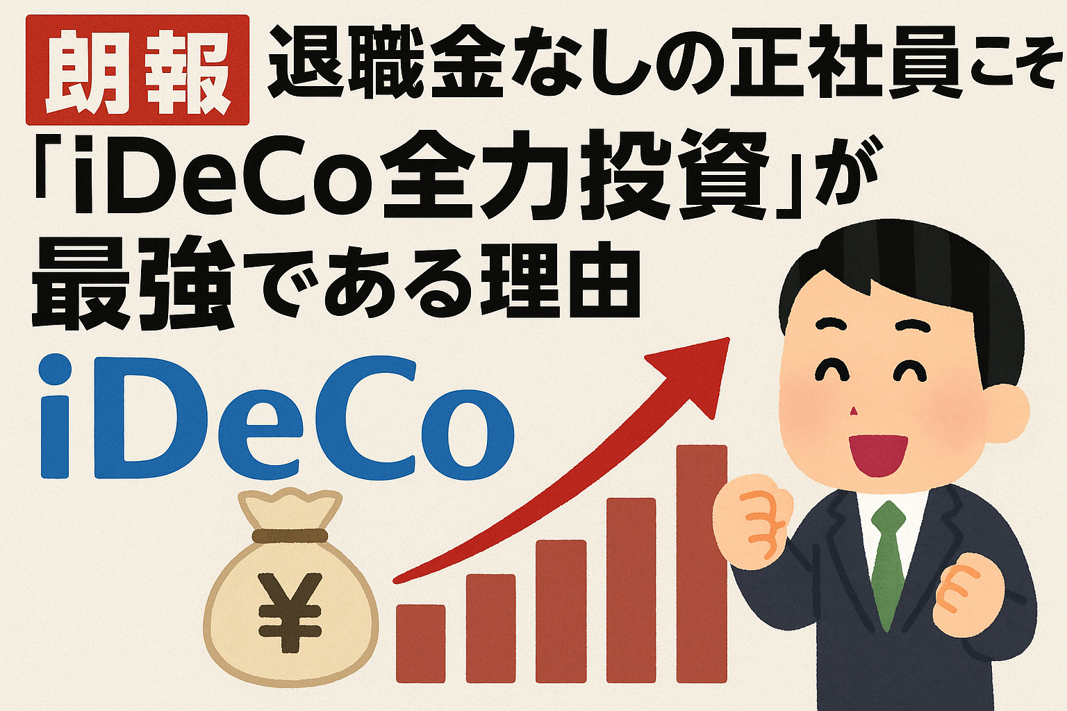 退職金がない正社員向けに「iDeCo全力投資が最強である理由」を訴えるバナー画像。グラフと笑顔のスーツ男性のイラスト付き。