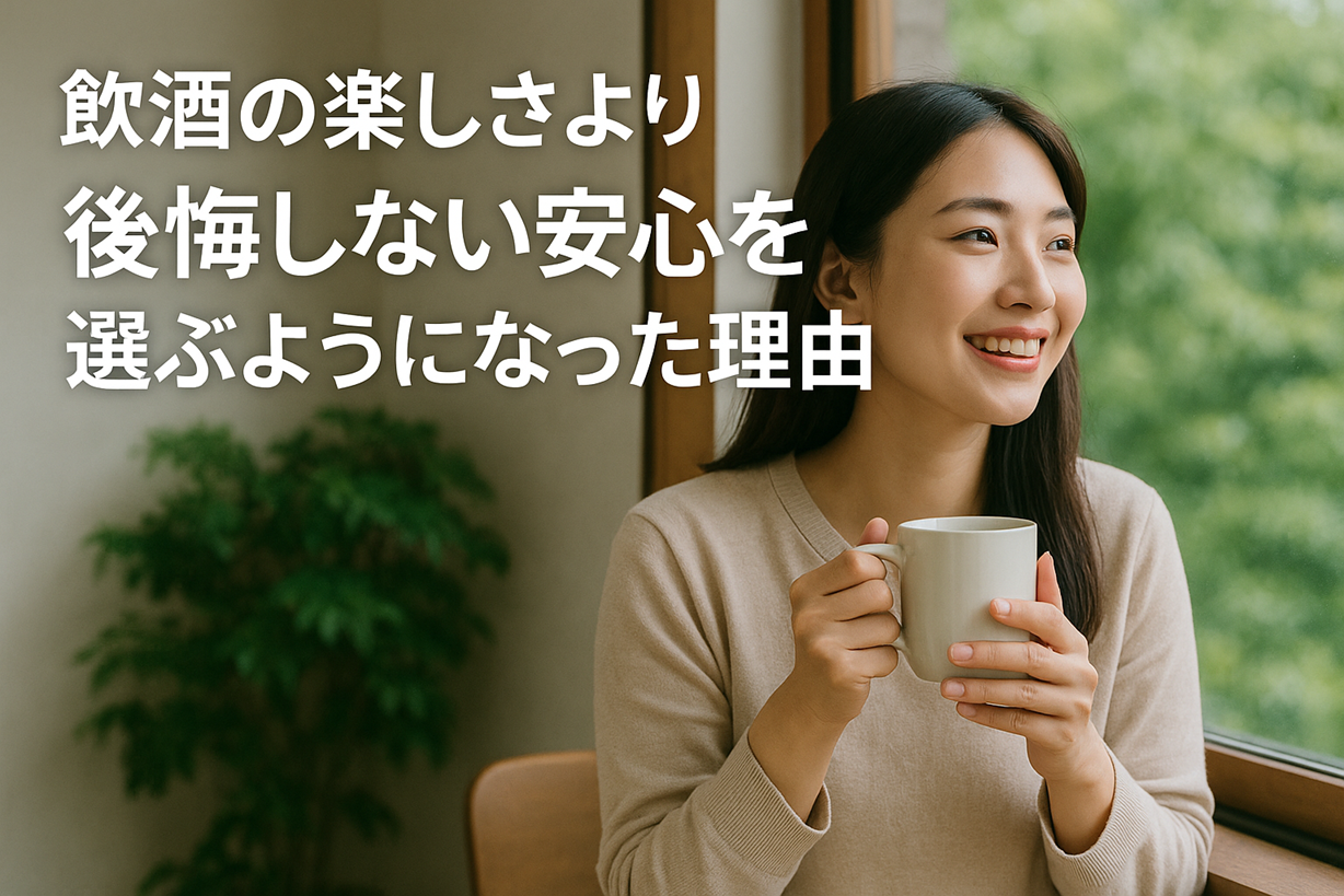 窓辺でマグカップを手に穏やかに微笑む女性。飲まない生活の安心感を象徴する場面。