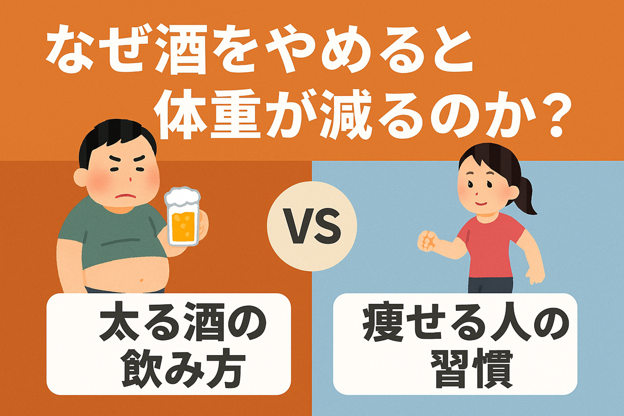 太った男性がビールを持つ姿と、スリムな女性がウォーキングする姿を対比させたイラスト。中央に「VS」の文字。「太る酒の飲み方」と「痩せる人の習慣」の比較を視覚化。