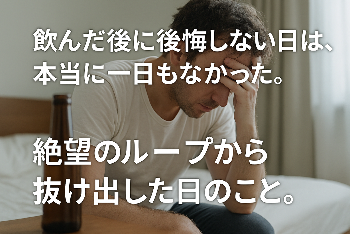 落ち込んだ表情でベッドに座る男性と、手前に置かれたビール瓶。画面には「飲んだ後に後悔しない日は、本当に一日もなかった。絶望のループから抜け出した日」のテキスト。