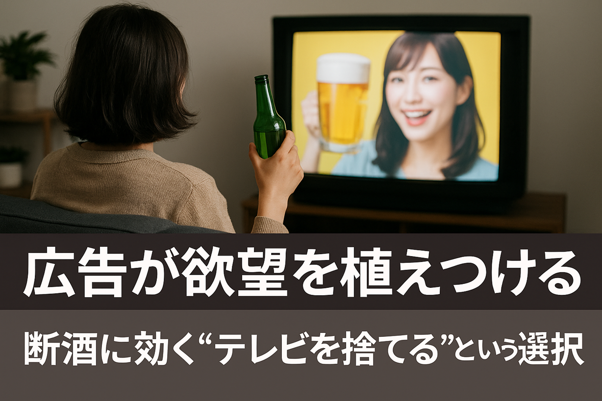 ビールのテレビCMを見ながら酒を手にする女性の後ろ姿と「広告が欲望を植えつける 断酒に効く“テレビを捨てる”という選択」のテキスト