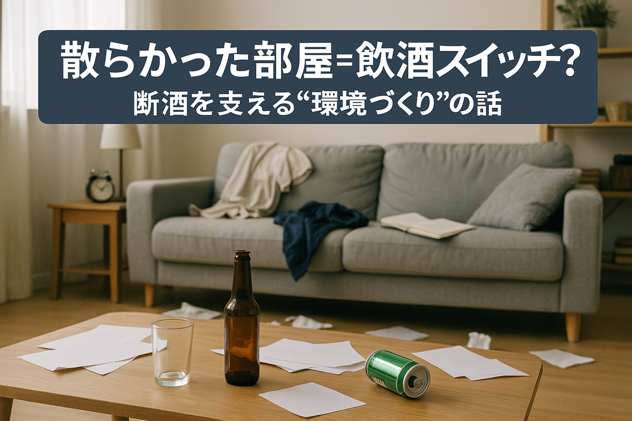 散らかったリビングと空き缶・空き瓶が置かれたテーブル。断酒と環境づくりをテーマにしたイメージ。