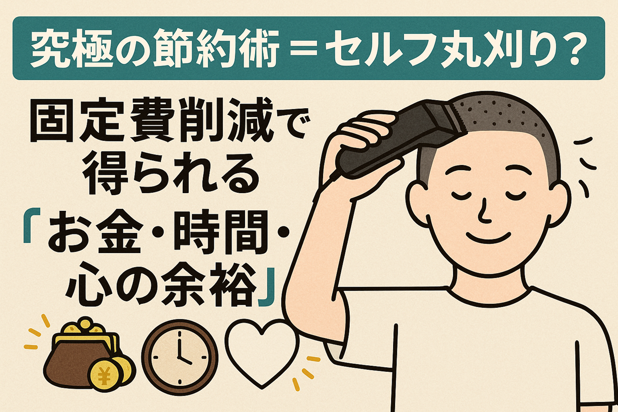 バリカンでセルフ丸刈りをする男性と「究極の節約術=セルフ丸刈り?」という文字。お金・時間・心の余裕を得るというメッセージが添えられている。