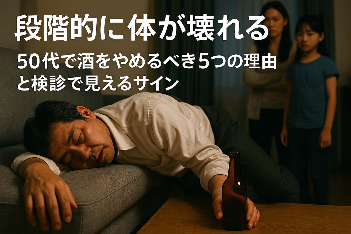 ソファで酒に酔って眠り込む中年男性と、その姿を冷ややかに見つめる家族。「50代で酒をやめるべき理由と検診で見えるサイン」という文字入りのアイキャッチ画像。
