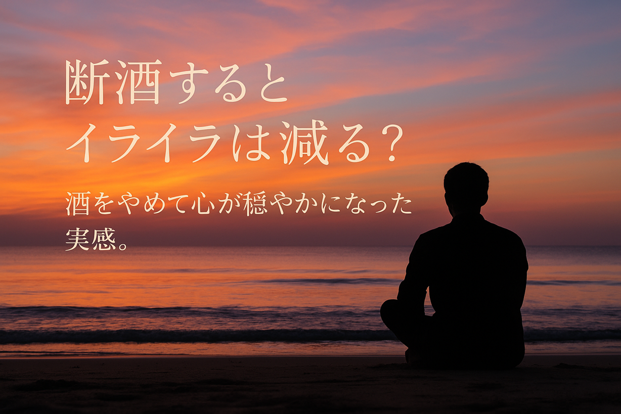 夕焼けの海辺に座る人物と「断酒するとイライラは減る？酒をやめて心が穏やかになった実感」というテキスト