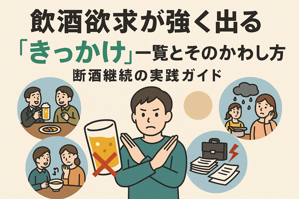 飲酒欲求の“きっかけ”を断つ方法を解説する記事のアイキャッチ。腕でバツ印を作る男性、ビールに赤い×、飲み会・仕事ストレス・家庭不安などのトリガーを示すイラスト。