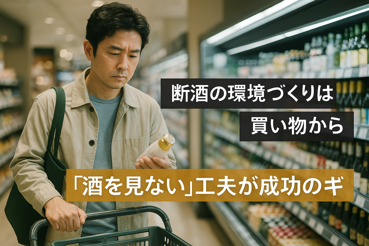 断酒の環境づくりは買い物から始まることを示すイメージ。スーパーで商品を手に取りながら真剣に考える男性。