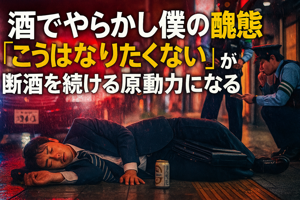 スーツ姿の男性が酔いつぶれて道路に倒れている様子。後方にはパトカーと警察官が立っている。テキストには「酒でやらかした僕の醜態『こうはなりたくない』が断酒を続ける原動力になる」と書かれている。