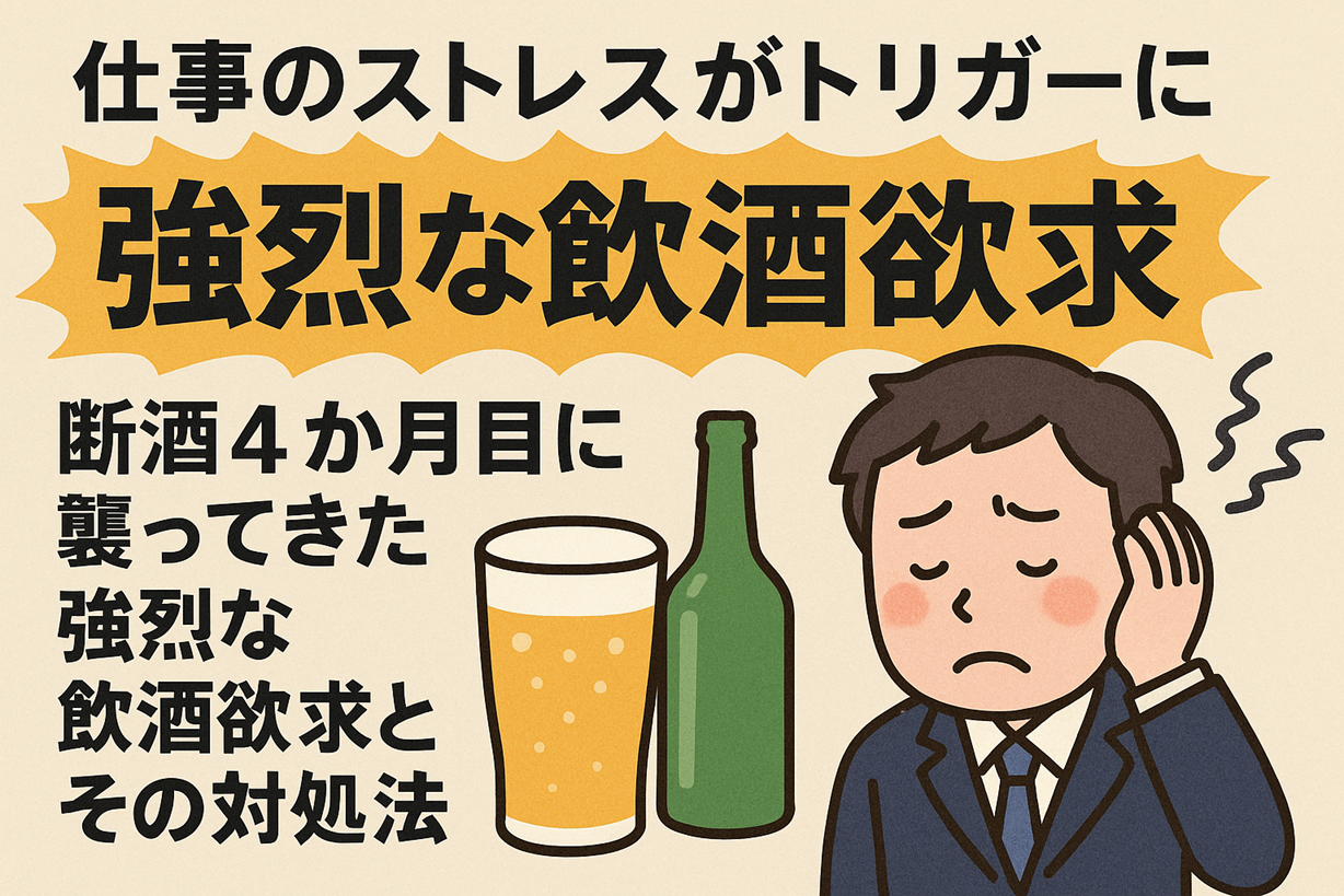 仕事のストレスで強烈な飲酒欲求に悩む男性のイラスト。断酒4か月目に襲ってきた飲酒欲求と対処法を解説する記事のアイキャッチ