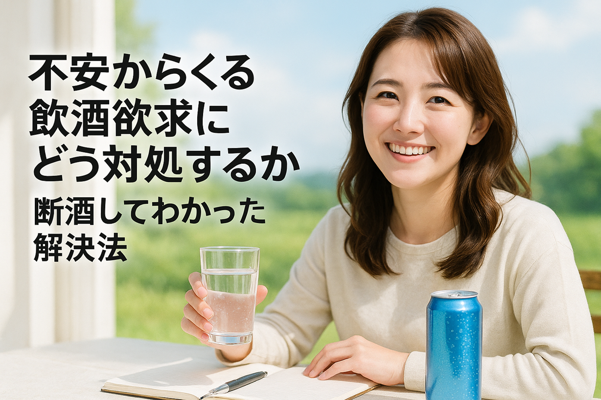 不安からくる飲酒欲求への対処法をテーマにしたアイキャッチ。笑顔の女性が水を飲み、前向きに断酒生活を送るイメージ