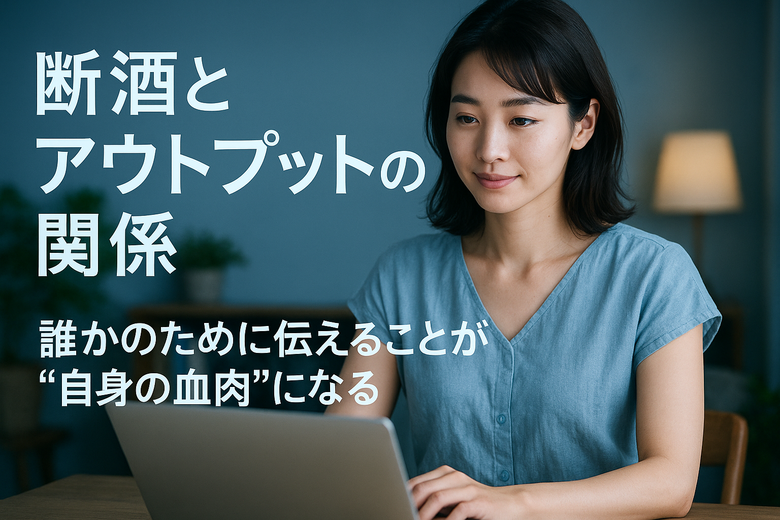 ノートパソコンに向かって作業する女性と、「断酒とアウトプットの関係｜誰かのために伝えることが自身の血肉になる」という記事タイトルが配置されたアイキャッチ画像